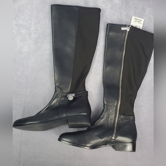 MK Leather Tall Boots Ankle Strap Silver Padlock Medallion Side Zip Riding 8.5M - Picture 3 of 13